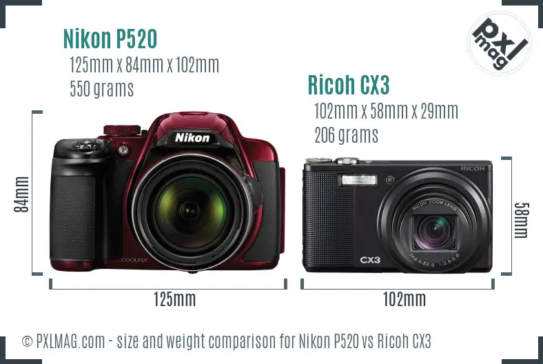 Nikon P520 vs Ricoh CX3 size comparison