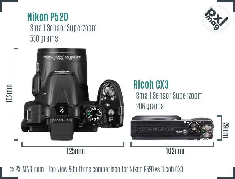 Nikon P520 vs Ricoh CX3 top view buttons comparison