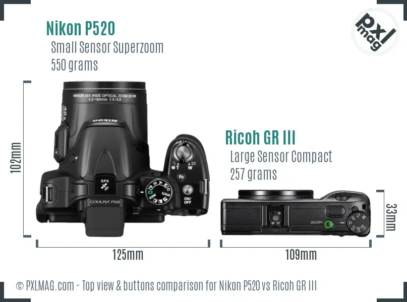 Nikon P520 vs Ricoh GR III top view buttons comparison Nikon P520 vs Ricoh GR III top view buttons comparison