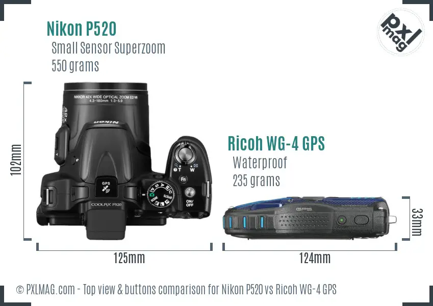 Nikon P520 vs Ricoh WG-4 GPS top view buttons comparison Nikon P520 vs Ricoh WG-4 GPS top view buttons comparison