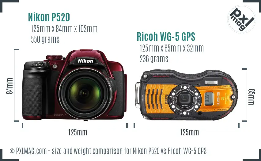 Nikon P520 vs Ricoh WG-5 GPS size comparison Nikon P520 vs Ricoh WG-5 GPS size comparison