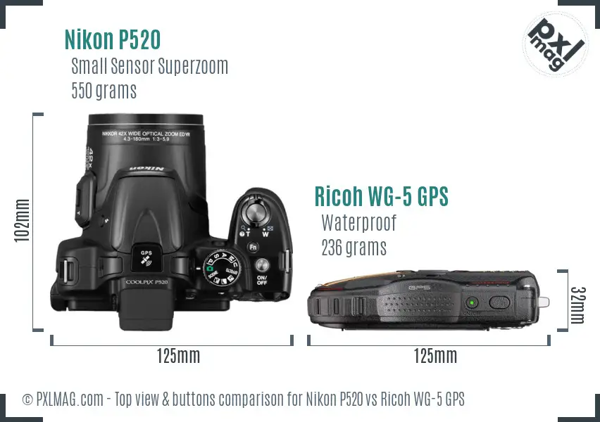 Nikon P520 vs Ricoh WG-5 GPS top view buttons comparison Nikon P520 vs Ricoh WG-5 GPS top view buttons comparison