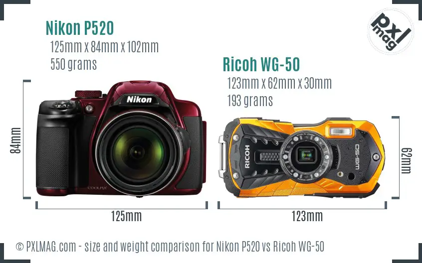 Nikon P520 vs Ricoh WG-50 size comparison
