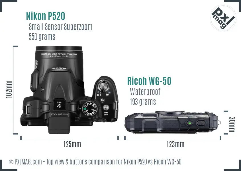 Nikon P520 vs Ricoh WG-50 top view buttons comparison