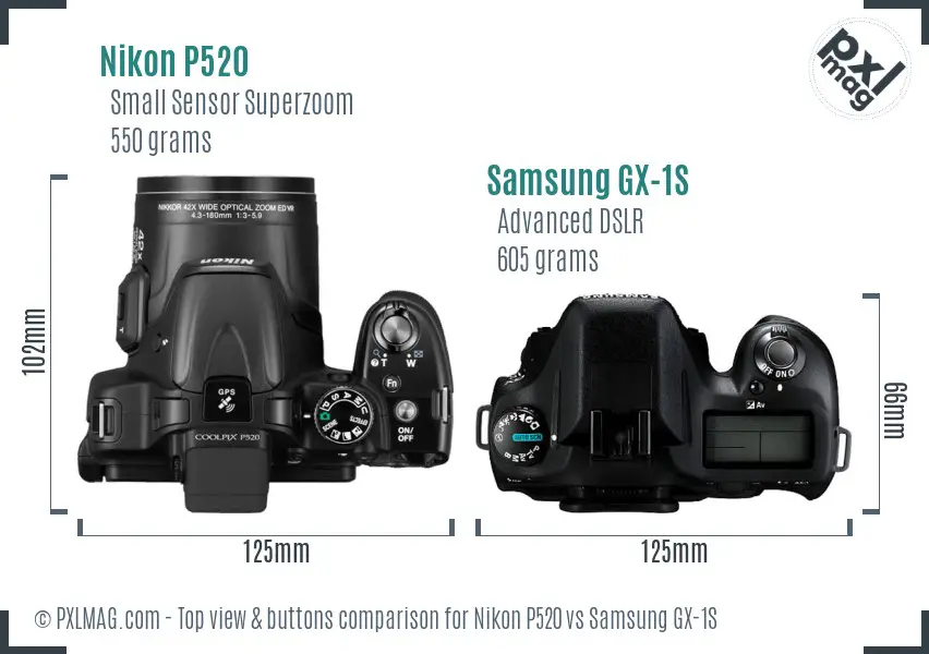 Nikon P520 vs Samsung GX-1S top view buttons comparison Nikon P520 vs Samsung GX-1S top view buttons comparison