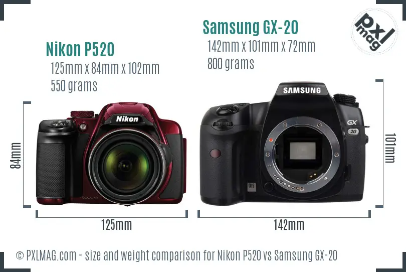 Nikon P520 vs Samsung GX-20 size comparison Nikon P520 vs Samsung GX-20 size comparison