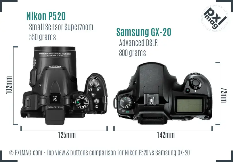 Nikon P520 vs Samsung GX-20 top view buttons comparison Nikon P520 vs Samsung GX-20 top view buttons comparison