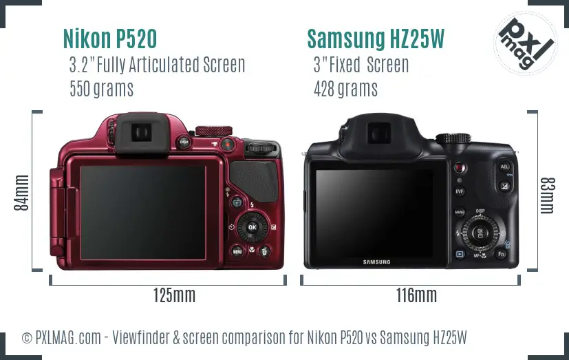 Nikon P520 vs Samsung HZ25W Screen and Viewfinder comparison