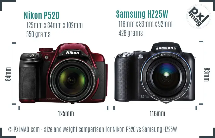 Nikon P520 vs Samsung HZ25W size comparison