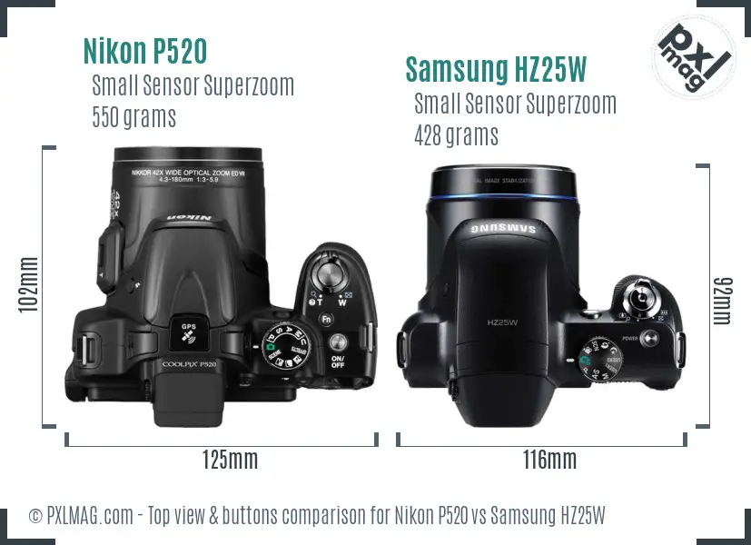 Nikon P520 vs Samsung HZ25W top view buttons comparison