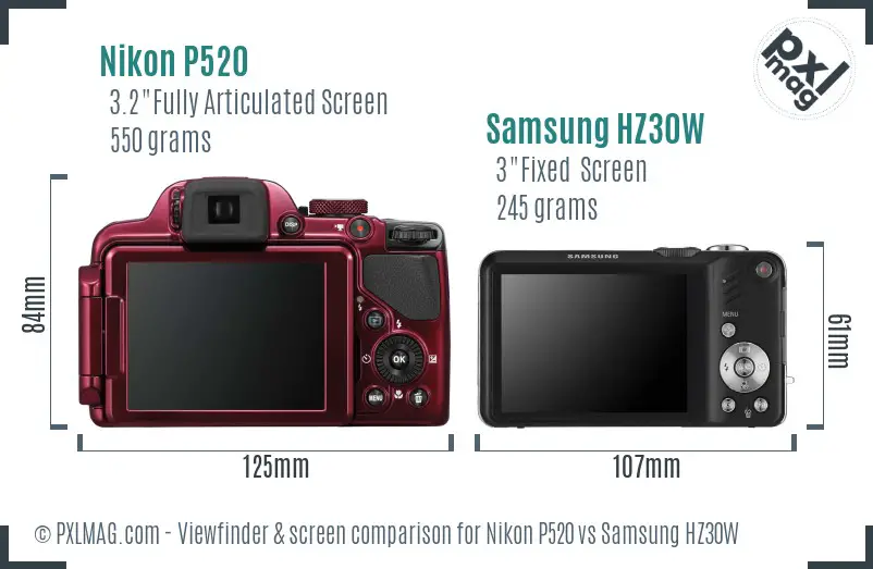 Nikon P520 vs Samsung HZ30W Screen and Viewfinder comparison
