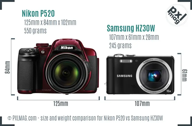Nikon P520 vs Samsung HZ30W size comparison