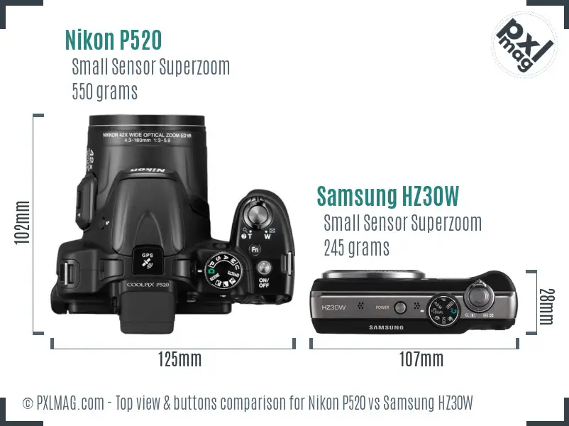 Nikon P520 vs Samsung HZ30W top view buttons comparison