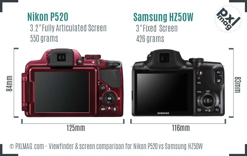 Nikon P520 vs Samsung HZ50W Screen and Viewfinder comparison