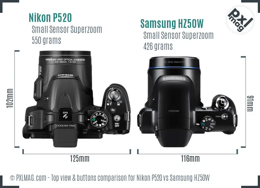 Nikon P520 vs Samsung HZ50W top view buttons comparison
