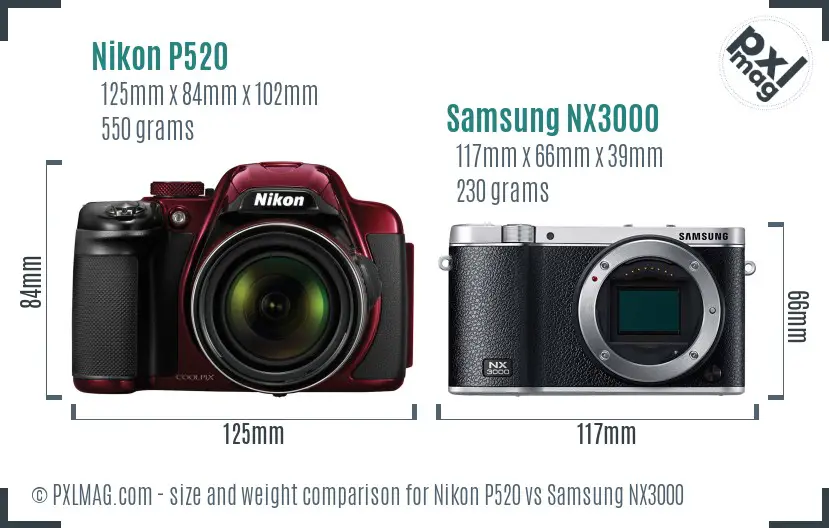 Nikon P520 vs Samsung NX3000 size comparison Nikon P520 vs Samsung NX3000 size comparison