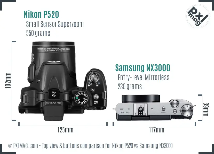 Nikon P520 vs Samsung NX3000 top view buttons comparison Nikon P520 vs Samsung NX3000 top view buttons comparison