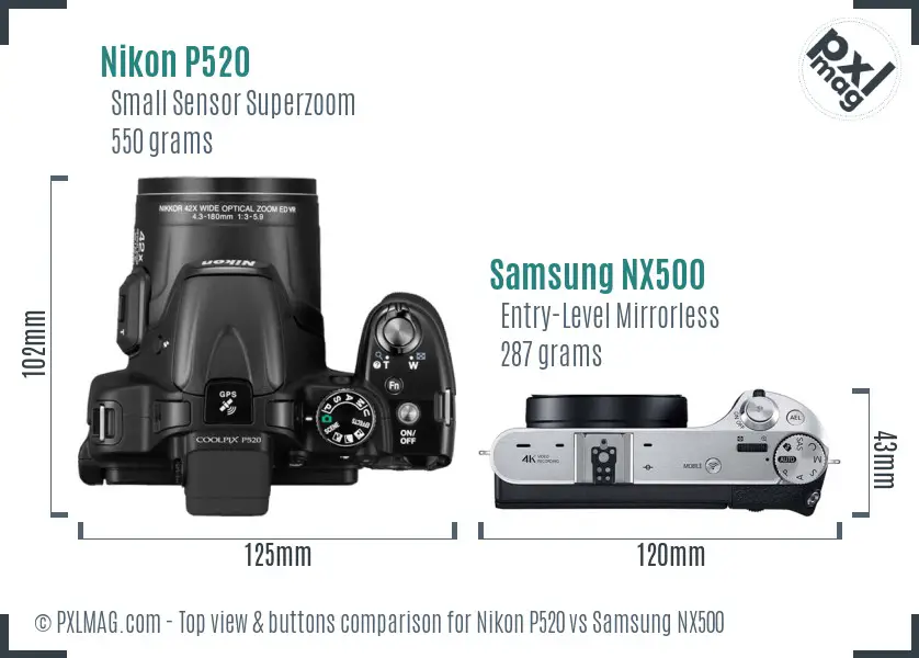 Nikon P520 vs Samsung NX500 top view buttons comparison Nikon P520 vs Samsung NX500 top view buttons comparison