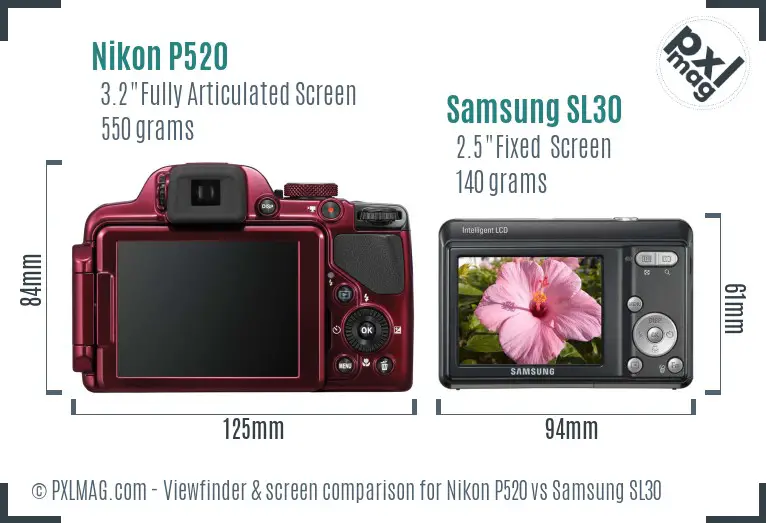Nikon P520 vs Samsung SL30 Screen and Viewfinder comparison