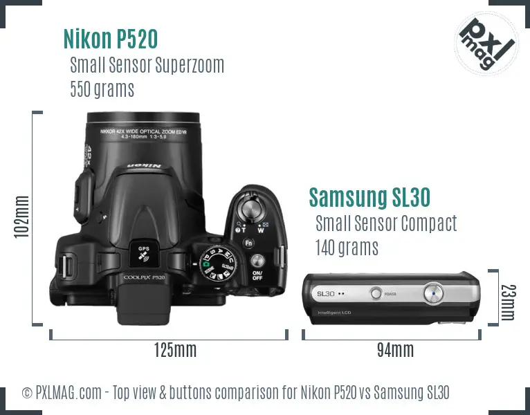 Nikon P520 vs Samsung SL30 top view buttons comparison