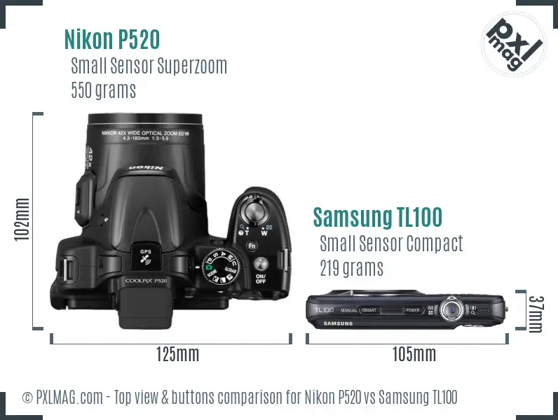 Nikon P520 vs Samsung TL100 top view buttons comparison Nikon P520 vs Samsung TL100 top view buttons comparison