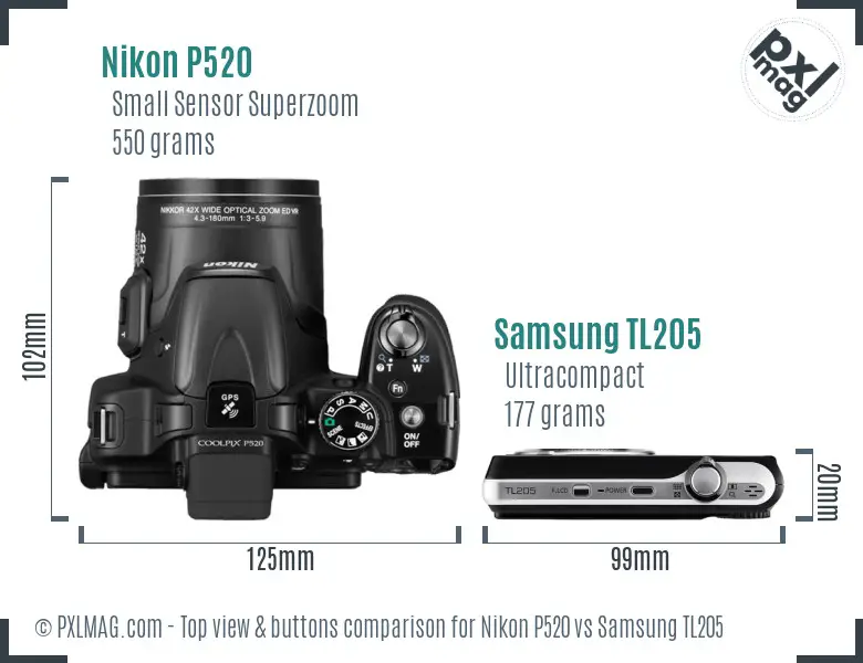 Nikon P520 vs Samsung TL205 top view buttons comparison