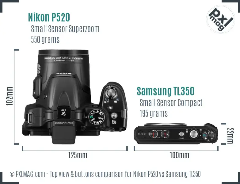 Nikon P520 vs Samsung TL350 top view buttons comparison Nikon P520 vs Samsung TL350 top view buttons comparison