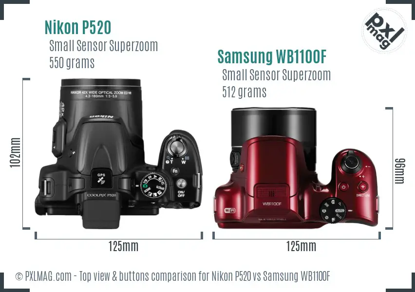 Nikon P520 vs Samsung WB1100F top view buttons comparison Nikon P520 vs Samsung WB1100F top view buttons comparison
