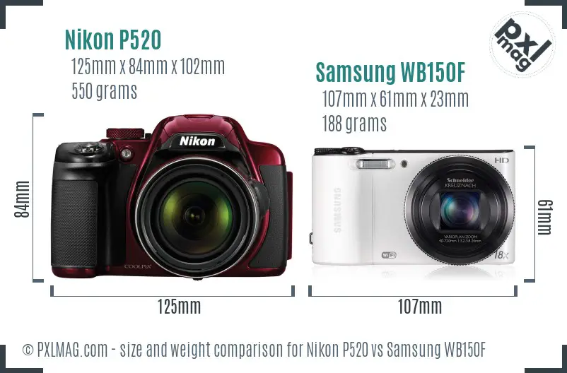 Nikon P520 vs Samsung WB150F size comparison