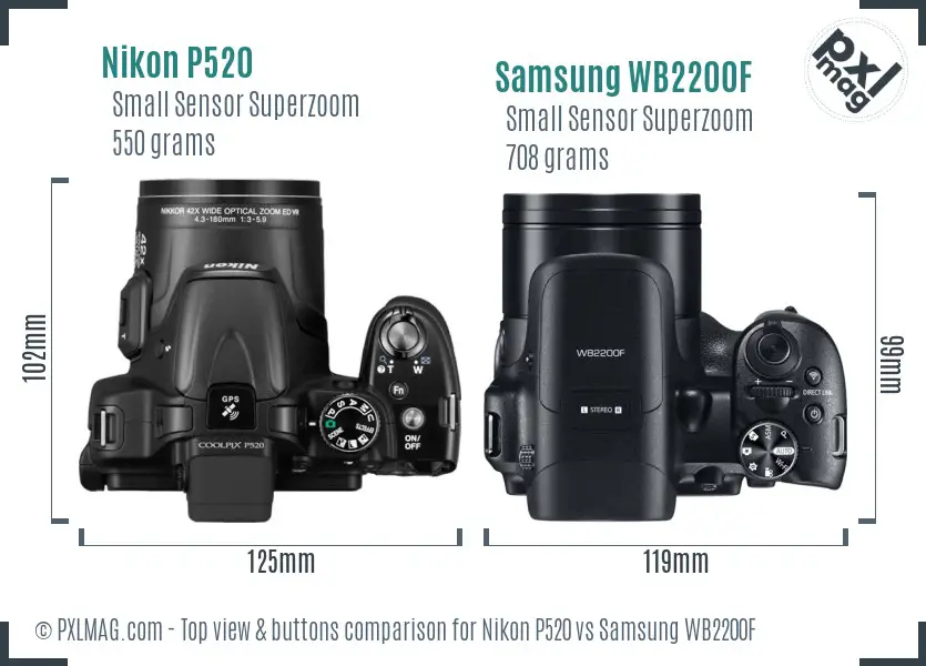 Nikon P520 vs Samsung WB2200F top view buttons comparison