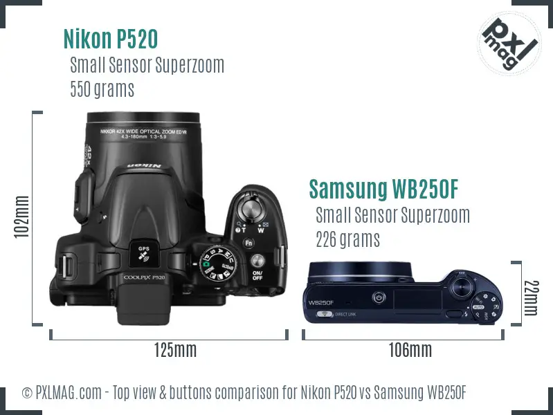 Nikon P520 vs Samsung WB250F top view buttons comparison