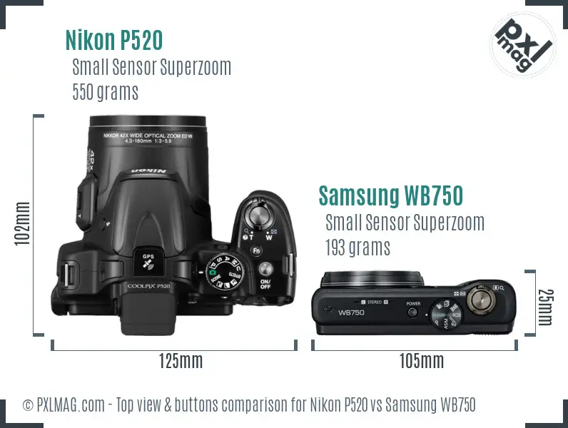 Nikon P520 vs Samsung WB750 top view buttons comparison