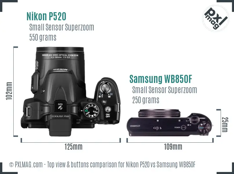 Nikon P520 vs Samsung WB850F top view buttons comparison