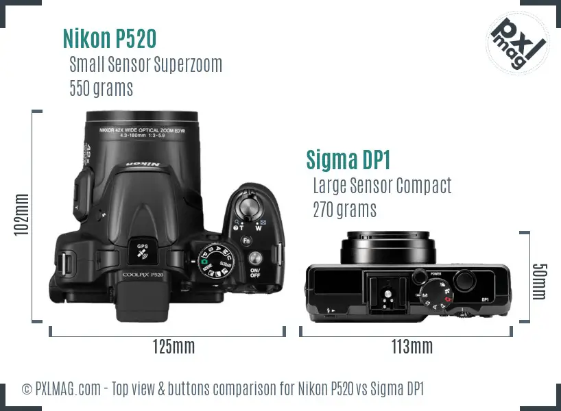 Nikon P520 vs Sigma DP1 top view buttons comparison Nikon P520 vs Sigma DP1 top view buttons comparison