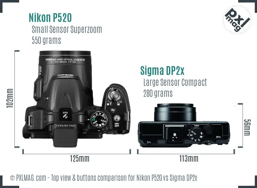 Nikon P520 vs Sigma DP2x top view buttons comparison