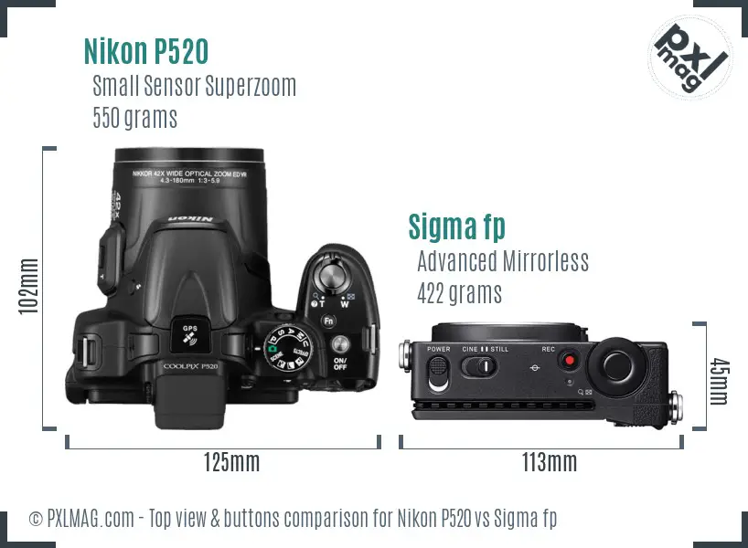 Nikon P520 vs Sigma fp top view buttons comparison Nikon P520 vs Sigma fp top view buttons comparison