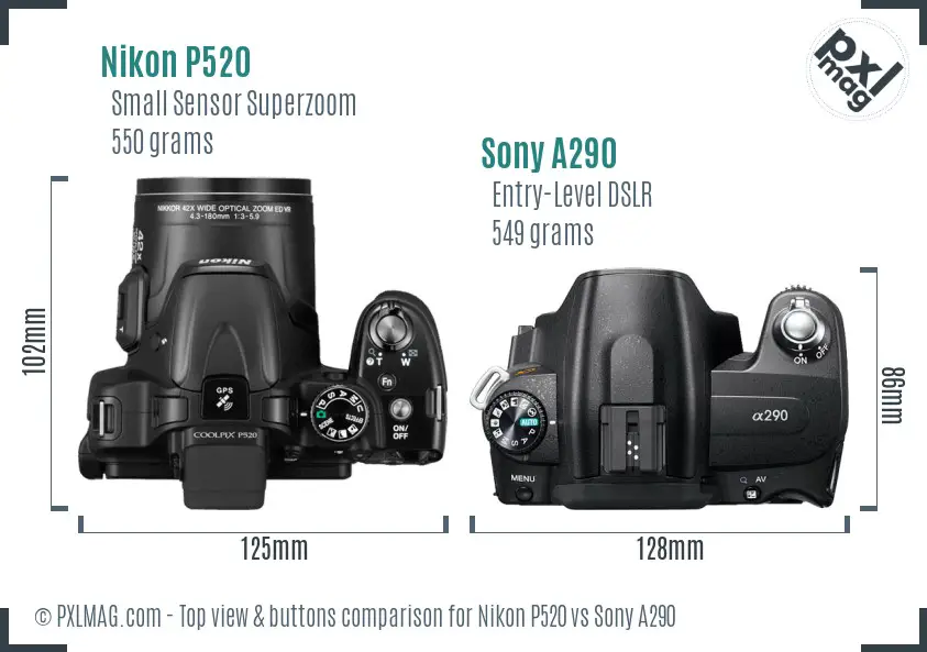 Nikon P520 vs Sony A290 top view buttons comparison Nikon P520 vs Sony A290 top view buttons comparison