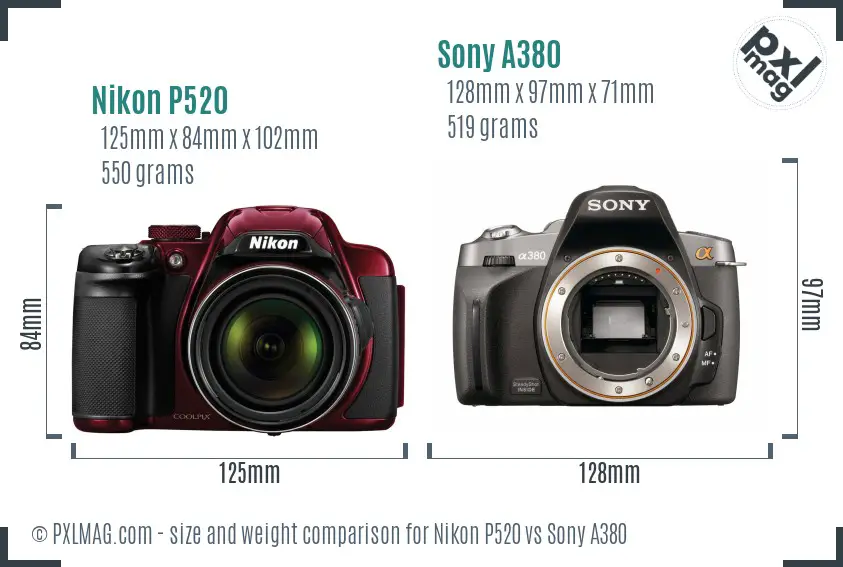 Nikon P520 vs Sony A380 size comparison