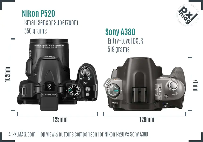 Nikon P520 vs Sony A380 top view buttons comparison