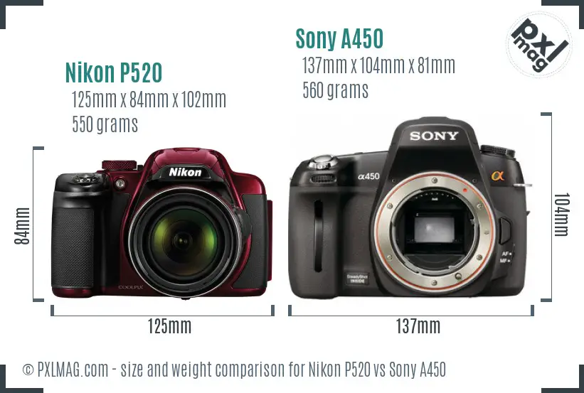 Nikon P520 vs Sony A450 size comparison