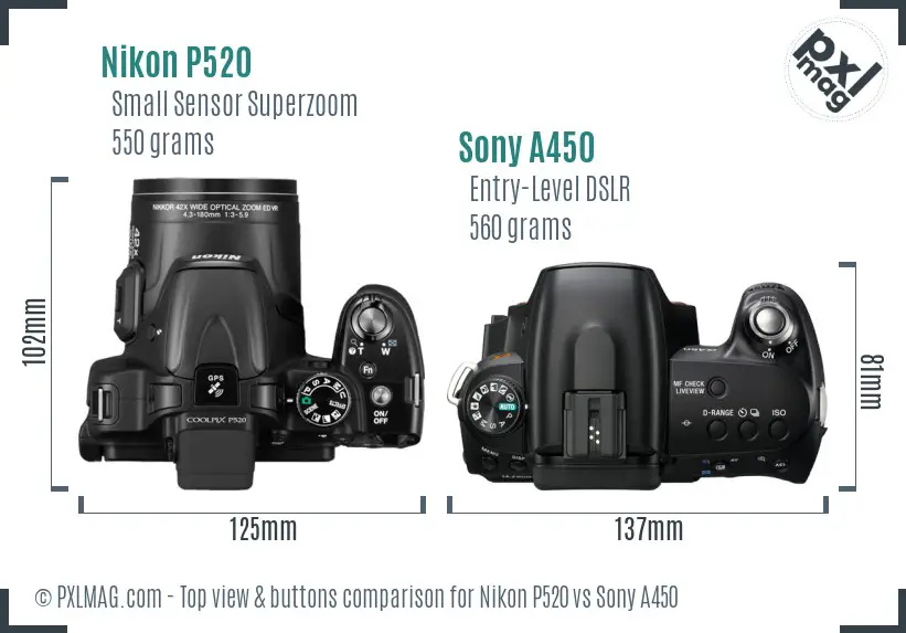 Nikon P520 vs Sony A450 top view buttons comparison