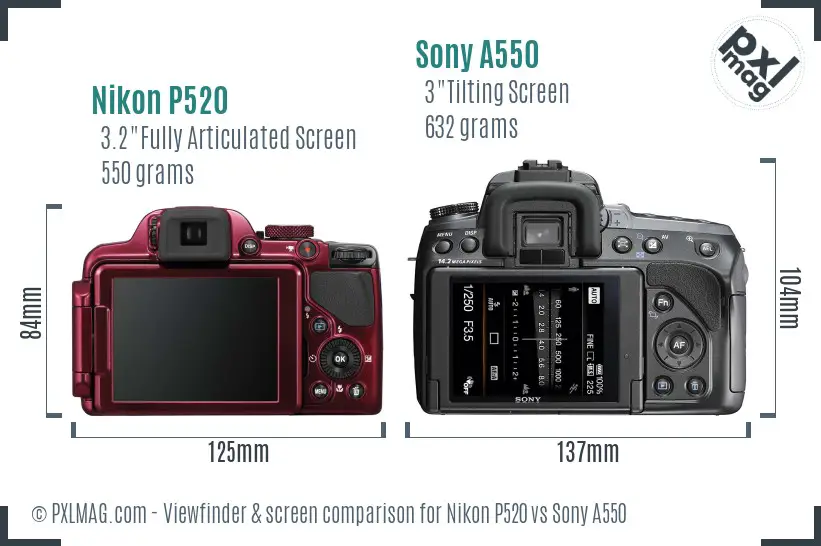 Nikon P520 vs Sony A550 Screen and Viewfinder comparison