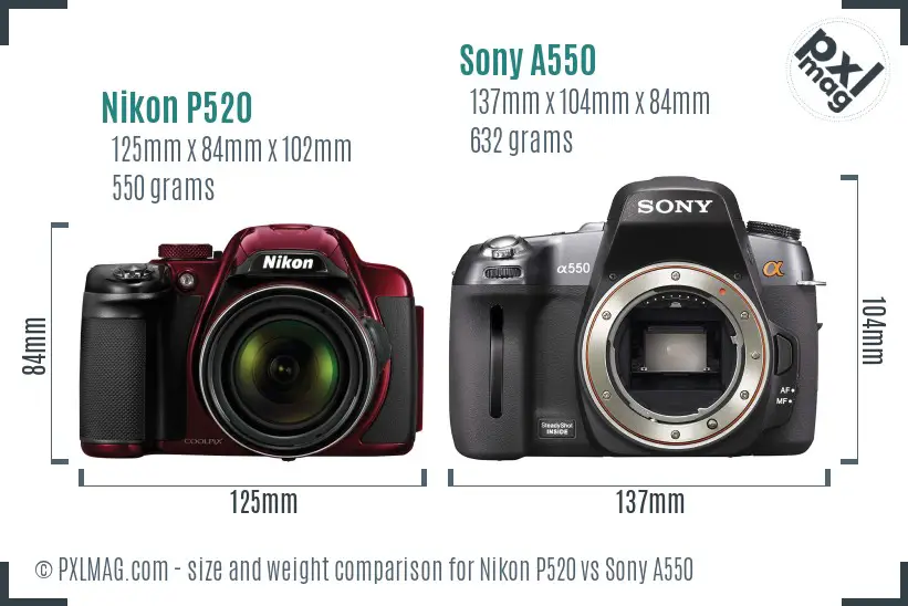 Nikon P520 vs Sony A550 size comparison