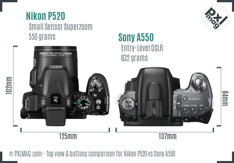 Nikon P520 vs Sony A550 top view buttons comparison