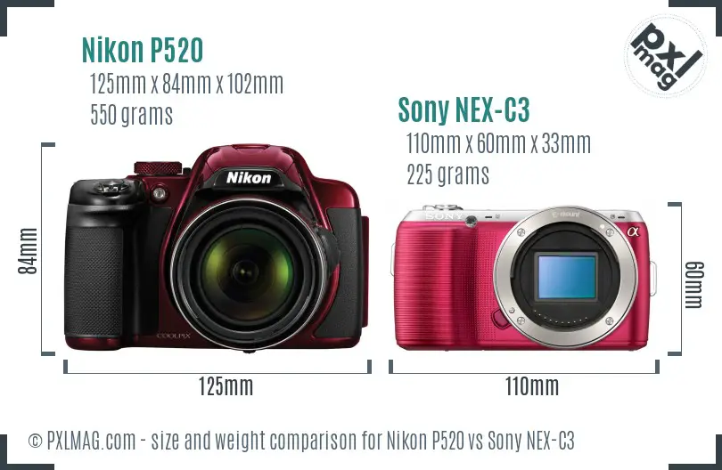 Nikon P520 vs Sony NEX-C3 size comparison