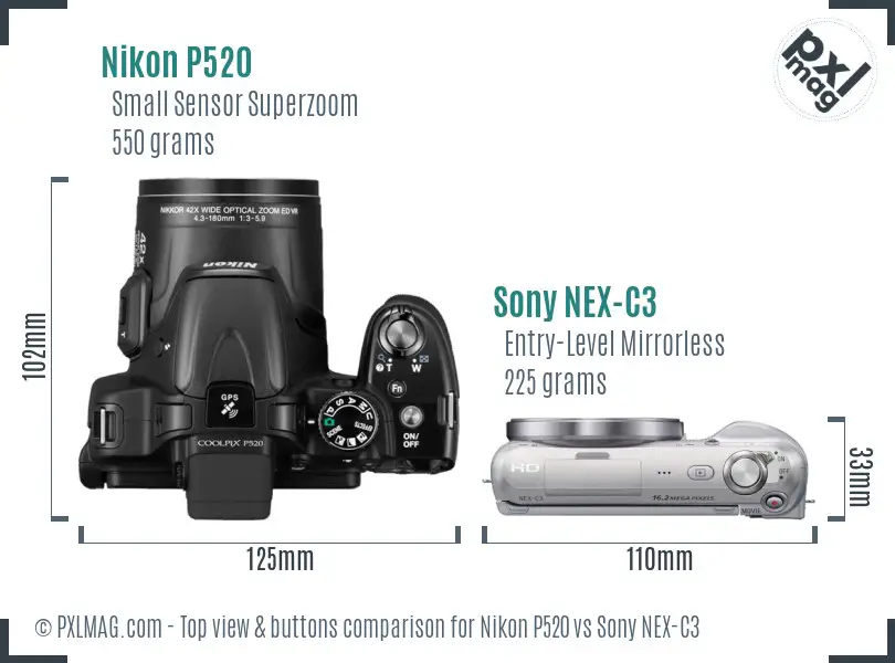 Nikon P520 vs Sony NEX-C3 top view buttons comparison