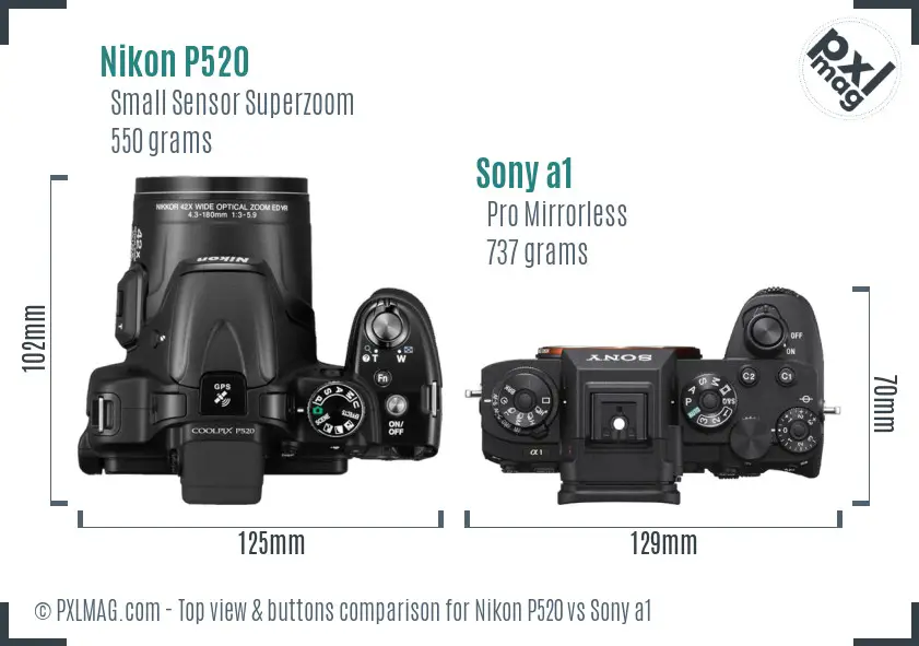 Nikon P520 vs Sony a1 top view buttons comparison Nikon P520 vs Sony a1 top view buttons comparison