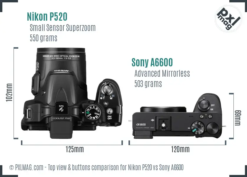 Nikon P520 vs Sony A6600 top view buttons comparison