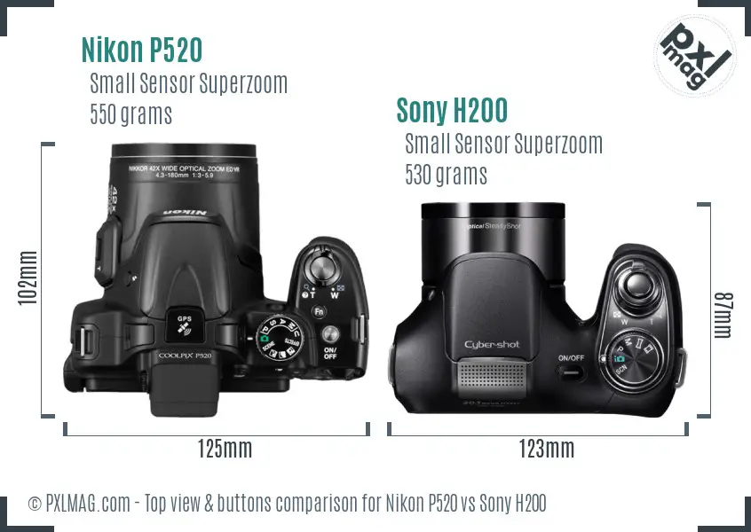 Nikon P520 vs Sony H200 top view buttons comparison