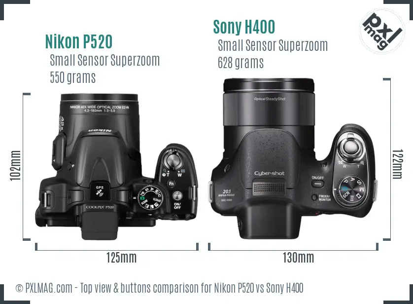 Nikon P520 vs Sony H400 top view buttons comparison